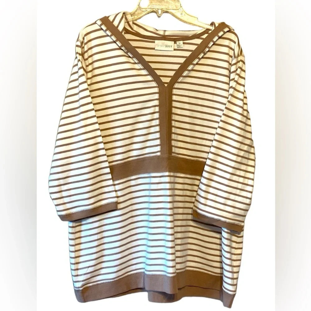 Sport Savvy tan/white striped pullover with hoodie.